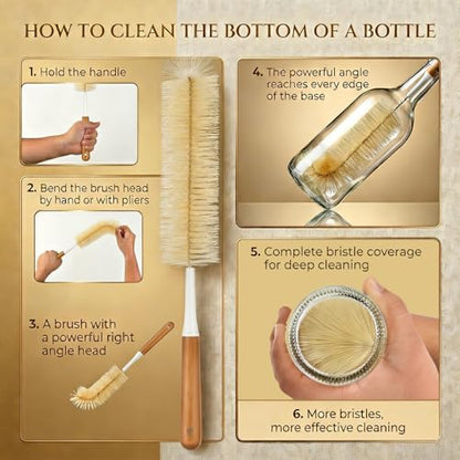 ALINK Extra Large Long Bottle Brush Set - 16" / 15" Long Bamboo Handle Bottle Cleaner for Narrow Neck Beer Wine Bottles, Decanter, Tumblers, Thermos, Jugs with Straw Brush, Kettle Spout/Lid Brush
