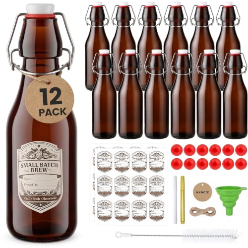 Ruckae 12pcs 8oz Amber Swing Top Glass Bottles with Lids Brown Flip Top Glass Bottle for Kombucha Coquito Syrup Vanilla Extract Brew Beer Kefir Air Tight Bottles for Gift (8oz 12pack) - size: 8oz 12pack