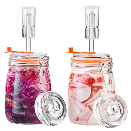 JILLMO 1.1 Liters Fermentation Jar, Glass Fermenting Jar with Weight for Making Sauerkraut, Kimchi, Pickles and More, Pack of 2
