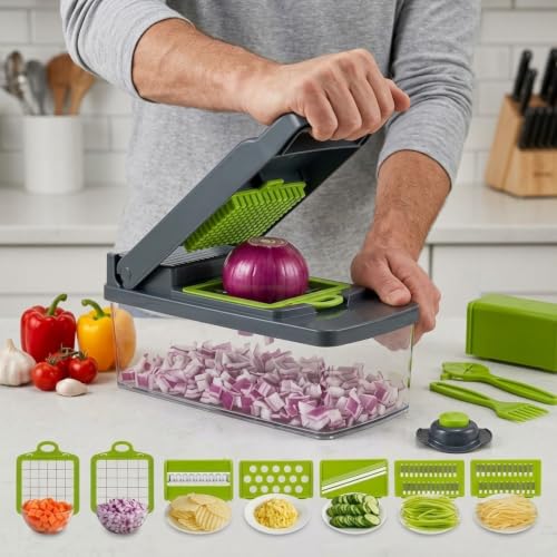 Vegetable Chopper with Container - 14-in-1 Onion Chopper, Food Chopper Dicer & Mandoline Slicer, Manual Veggie Cutter with 8 Stainless Steel Blades, Garlic Mincer, Cheese Grater, Egg Slicer & Hand Gua