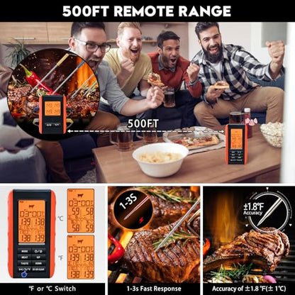 Wireless Meat Thermometer for Grilling and Smoking, Food Thermometer for BBQ Smoker Oven Cooking Steak, Grill Thermometer for Outside Grill with 4 Meat Probes, Kitchen Timer - style: 4 Probes