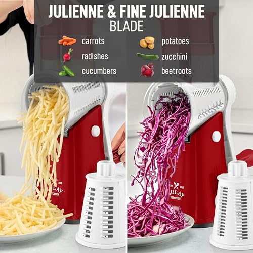 Zulay Kitchen Rotary Cheese Grater 5 Blade Cheese Shredder - Manual Hand Crank Cheese Grater With Reinforced Suction & 5 Interchangeable Drums - Easy to Use, Vegetable Chopper Round Mandoline Slicer - color: White and Red