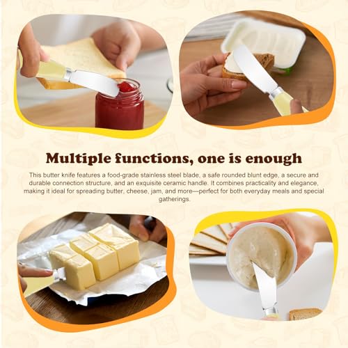 Butter Spreader Knife Set, 2-Pack Stainless Steel Cheese and Butter Knives with Ceramic Handle, Dishwasher Safe, for Soft & Hard Cheese, Jam, Cold Butter (light yellow) - color: light yellow