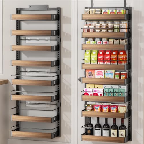POKIPO 8 Tier Over The Door Pantry Organizer, 2 IN 1 Wall Mount or Hanging Spice Rack Seasoning Shelves with Adjustable Basket, Back of Door Organizer and Storage for Kitchen Cabinet and Room Closet - color: Black, size: 8 Tiers