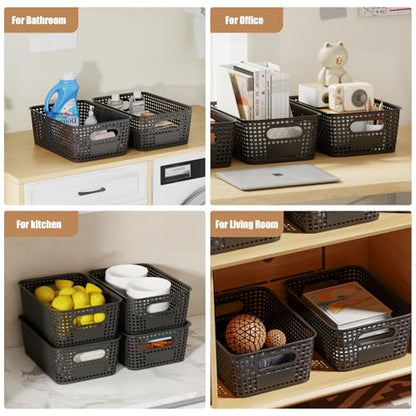 8 Pcs Plastic Storage Baskets with Plastic Lids and Labels 5.29qt Stackable Box Basket Pantry Decorative Containers, Small Storage Bins for Shelves Drawers Closets Bedrooms Office Cabinets 10*7.2*4.1" - style: Black-Plastic Lid