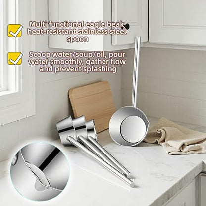 Stainless Steel Long Handle Scoop, Eagle Beak Spout Design - Multipurpose Kitchen, Bath, Garden Ladle Cup for Oil, Soup, Shampoo, Pet Food 13.8 inch Heat-Resistant Handle