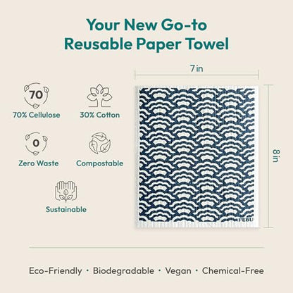 FEBU Swedish Dishcloths for Kitchen | 5 Pack Stamps Reusable Paper Towels Washable | Swedish Dish Towels | Non-Scratch Cellulose Sponge Cloths | No Odor, Biodegradable Cleaning Cloths - color: Stamps