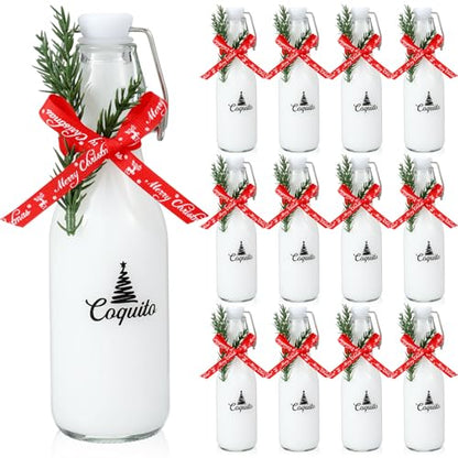 Sieral 12 Pack Christmas Coquito Glass Bottle 8oz Clear Flip Swing Top Beer Brewing Bottles with Ribbon and Artificial Branches for Liquids Wine Christmas Tree Xmas Gifts - style: Plain