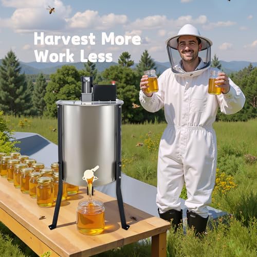 BeeCastle 3 Frame Electric Honey Extractor Stainless Steel Honey Processing Equipment, Powered Honeycomb Drum Spinner with Transparent Lid and Height Adjustable Stand - size: 3-Frame