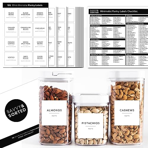 SAVVY & SORTED Minimalist Pantry Labels, 180 Waterproof Vinyl Stickers for Food Containers - Kitchen Labels for Organizing Storage Bins, Jars, Kitchen - style: White Square Pantry Label