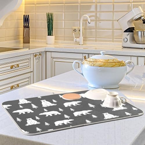 Polar Bears Trees Black Dish Drying Mat for Kitchen Counter Super Absorbent Draining Mat with Non-slip Backed Coffee Mat for Dish Bottles Cups Bowl Draining Racks Countertops Sinks