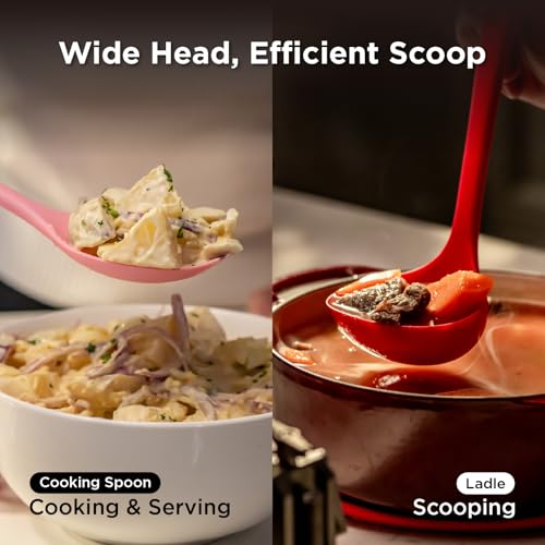 Kitchen Mama DuoEssentials Ladle & Cooking Spoon Set, Red | Silicone, Heat Resistant, One-Piece Design, For Nonstick Cookware, For Soup, Stirring, Serving & Sauteing - color: Red