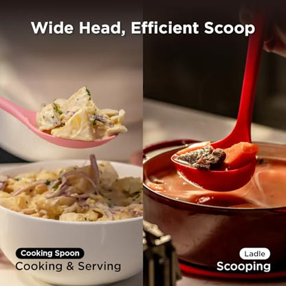Kitchen Mama DuoEssentials Ladle & Cooking Spoon Set, Red | Silicone, Heat Resistant, One-Piece Design, For Nonstick Cookware, For Soup, Stirring, Serving & Sauteing - color: Red