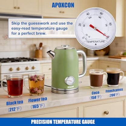 APOXCON Retro Electric Kettle with Thermometer, 1.8L Stainless Steel Tea Kettle, Fast Boiling Water Kettle with Auto Shut Off, BPA-Free, Green - color: Green