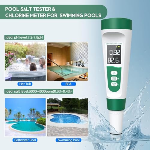 Salt Tester for Saltwater Pool & pH Meter, Digital Water Tester for Salinity,Temp,EC,TDS Meter for Pool Salt Tester,Hot Tubs & Spas,Hydroponics,Aquarium,Accurate & Reliable,5 in 1 Tester,Green