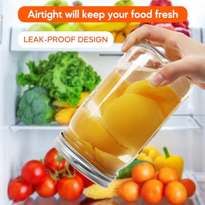 32 oz Wide Mouth Mason Jars 12 Pack, Airtight Lids with Bands | Clear glass, canning/preserving/jam/sauces/pickling, wedding favors/meal prep/DIY projects, reusable, quart size