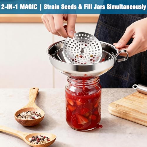 3-Piece Canning Funnel Set with Mesh Strainer - Wide & Regular Mouth Mason Jar Funnels (Large & Small) - for Kitchen, Jam, Spices, Flour & DIY - Stainless Steel