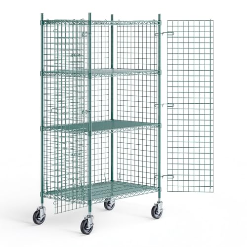 24" x 36" x 69" NSF Heavy Duty Mobile Green Epoxy Wire Shelves with Security Cage Kit, 4 Tier Metal Commercial Storage Rack with Wheels - color: Green, size: 24" x 36" x 69" with Wheels