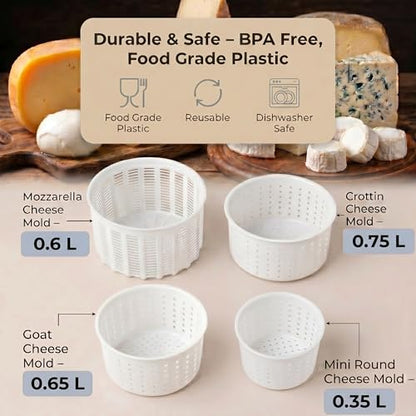Set of 4 various Cheese making Molds 0.25+0.5+0.7+1.2 kg | Cheesemaking from Cow and Goat Milk. Cheese making supplies by QG group - size: Set of 4