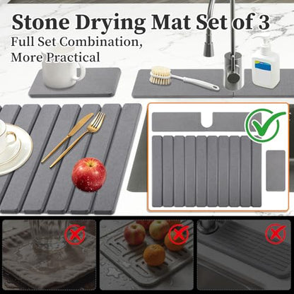 Diatomaceous Stone Drying Mat for Kitchen Counter with Sink Faucet Mat, Gray Absorbent Quick Dry Dish Drying Mat Set, Diatomite Stone Slat Countertop Pad for Dishes, Cups - color: Gray