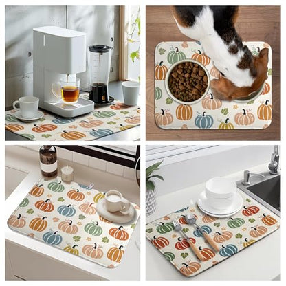 Fall Pumpkin Dish Drying Mats Thanksgiving Dish Mat Autumn Maple Leaves Drying Matt Dishes Dryer Pad for Kitchen Counter Absorbent Microfiber Washable Foldable Reusable 18x24 in