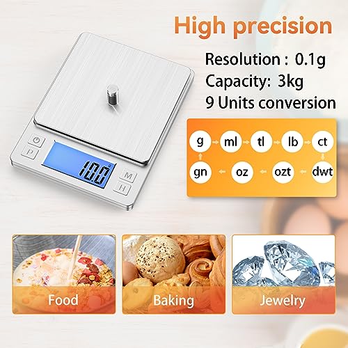 BOMATA Upgraded Small Food Scale, 0.1 g/0.001 oz High Precision, 3000 g/6.6 lb, with New Hold Function and Larger Display, USB Rechargeable, Digital Kitchen Scale for Small Item, Jewelry. Sliver - size: 0.1g/3kg Silver
