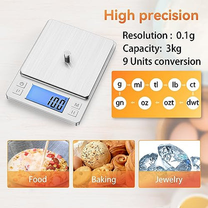 BOMATA Upgraded Small Food Scale, 0.1 g/0.001 oz High Precision, 3000 g/6.6 lb, with New Hold Function and Larger Display, USB Rechargeable, Digital Kitchen Scale for Small Item, Jewelry. Sliver - size: 0.1g/3kg Silver