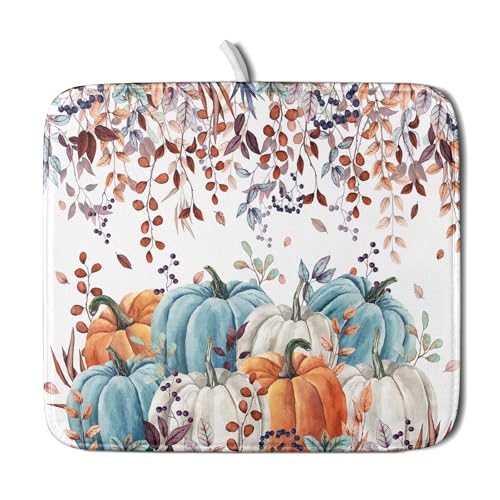 Giwawa Fall Orange Pumpkin Dish Drying Mat Eucalyptus Leaves Drainer Rack Pad 16"x18" Microfiber Quick Dry Dish Sink Mat for Kitchen Counter Decor - color: Orange Pumpkin, size: 16x18 inch