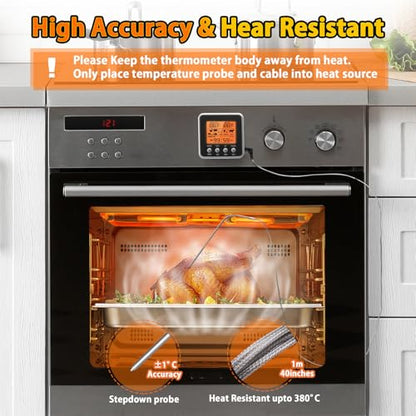 Digital Meat Thermometer for Oven, Food Thermometer with Large LCD, Backlight, Kitchen Timer, Temperature/Time Alarm for Smoker, BBQ, Barbecue, Cookware