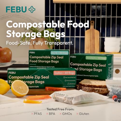 FEBU Compostable Food Storage Bags Variety Pack, 260 Count | Compostable & Biodegradable | PFAS & BPA Free | Drawer Organizer Box | 90 Snack, 90 Sandwich, 50 Quart, 30 Gallon - size: Variety Pack