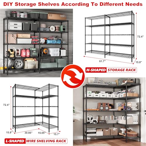 5 Tier Metal Shelving Unit Storage Shelves Load 1500LBS,Adjustable Wire Shelving Pantry Shelves for Storage,Kitchen Shelves Storage Rack for Commercial Garage Shelving Heavy Duty,61.7"W*72.4"H*15.8"D - style: Black-15.8" Dx61.7" Wx72.4" H-5 Tier