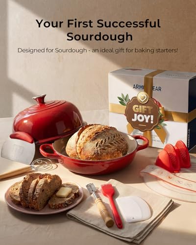Enameled Cast Iron Bread Oven 5 Qt with Starter Kit, Round Dutch Oven with Lid for Sourdough Baking, Baking Kit Includes Silicone Sling, Banneton & Lame, Complete Artisan Bread Set - color: Red, size: Bread Oven & Baking Kit