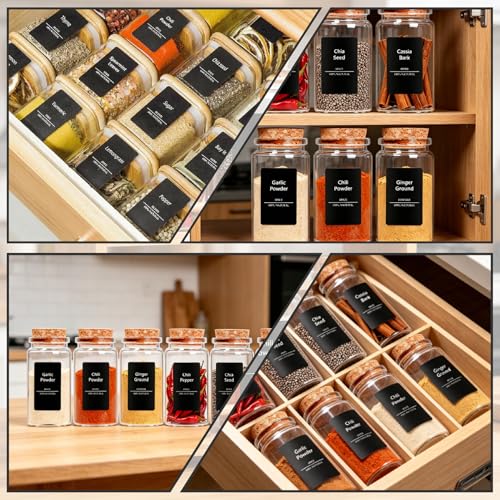 Spice Jar Labels - 275pcs Black Preprinted Waterproof Stickers for Pantry Organization for Kitchen Jars Caps Food Containers Spice Organizers