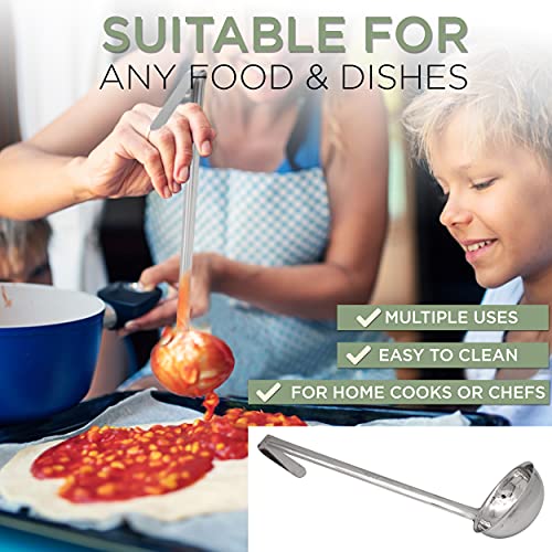 Fit Meal Prep [2 Pack] Stainless Steel Soup Ladle - One-Piece Sauce Spatula w/Hook Handles, Commercial Grade Serving Spoon, Kitchen Tool for Restaurant or Home Cooking, Mirror Finish, 14.25" Long - size: 8 oz