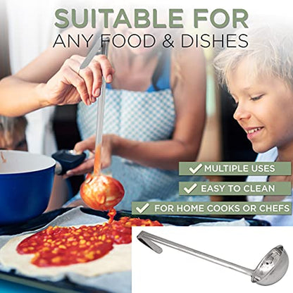 Fit Meal Prep [2 Pack] Stainless Steel Soup Ladle - One-Piece Sauce Spatula w/Hook Handles, Commercial Grade Serving Spoon, Kitchen Tool for Restaurant or Home Cooking, Mirror Finish, 14.25" Long - size: 8 oz