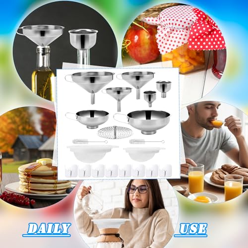 20 Pcs Canning Funnels Stainless Steel Wide and Narrow Mouth Strainer for Regular Mason Jar Filling Kitchen Use with Mesh Filter Brush Hook Metal Food Funnel Supplies Kit