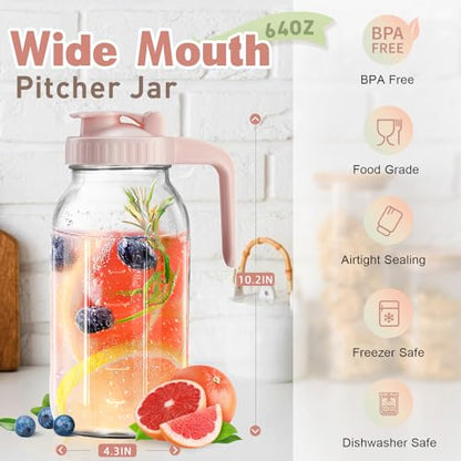 Mason Jar with Pour Spout Lid V-shaped, 2 Quart Iced Tea Pitcher Double Leak Proof, 64 oz Drink Pitcher for Breastmilk, Sun Tea, Juice, Coffee Creamer - color: Pink, size: 64 Ounces