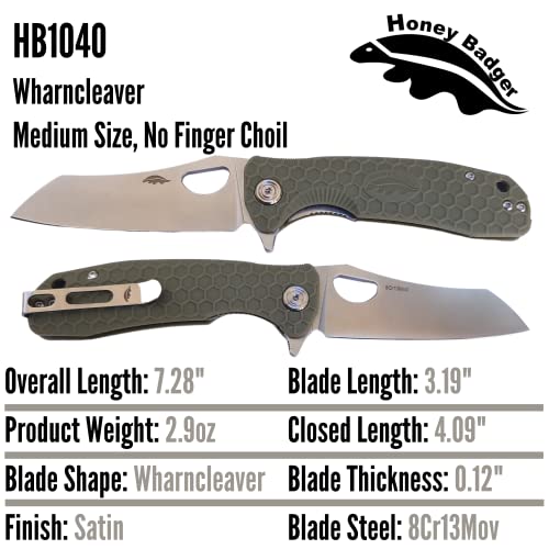 Honey Badger Knife - Flipper Wharncleaver Pocket Knife, EDC Hunting with 3.6" Steel Blade, Nylon+Glass Fiber Handle & Reversible Pocket Clip Medium Green HB1040 - color: Medium Wharncleaver Green