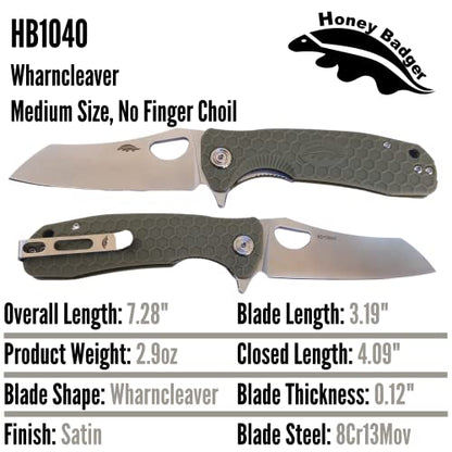 Honey Badger Knife - Flipper Wharncleaver Pocket Knife, EDC Hunting with 3.6" Steel Blade, Nylon+Glass Fiber Handle & Reversible Pocket Clip Medium Green HB1040 - color: Medium Wharncleaver Green
