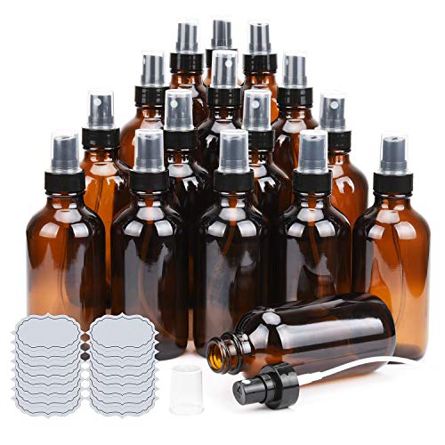 ULG Amber Glass Spray Bottles 4oz Brown Glass Bottle Fine Mist Sprayers Empty Spray Atomizer Including Waterproof DIY Labels 16 Piece - color: Amber-1