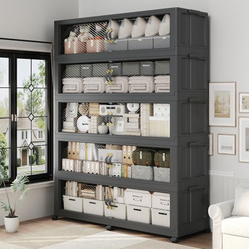400Gal/1600QT 5-Tiers Extra Large Stackable Storage Bins with Lid, Collapsible Cabinet Closet Organizer Plastic Container Box with Wheels Doors Drawers for Office Dorm Kitchen, Black - color: Black, size: 80Gal-5Pack