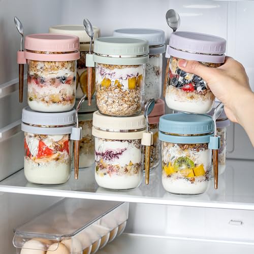 6 Pack Overnight Oats Containers with Lids and Spoons, 16 oz Glass Mason Overnight Oats Jars, Large Capacity Airtight Jars for Milk, Cereal, Fruit - color: 6 colors