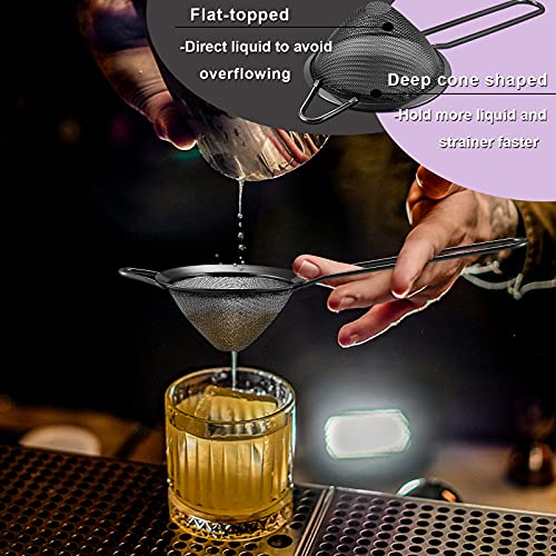 Black Small Strainer Set of 2, E-far 3.3 Inches Stainless Steel Fine Mesh Sieve with Long Handle, Metal Conical Strainers for Tea Cocktail Coffee Food, Rust Proof & Easy to Clean - color: Black-2