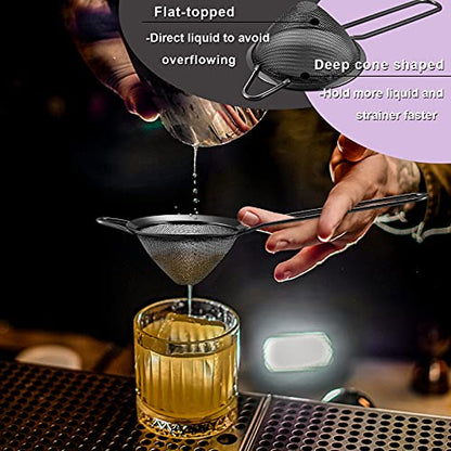 Black Small Strainer Set of 2, E-far 3.3 Inches Stainless Steel Fine Mesh Sieve with Long Handle, Metal Conical Strainers for Tea Cocktail Coffee Food, Rust Proof & Easy to Clean - color: Black-2