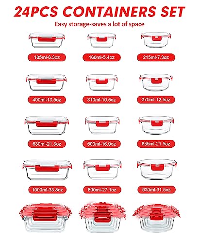 VERONES 12 Packs Glass Food Storage Containers Set, Airtight Glass Lunch Containers, Glass Meal Prep Containers with Lids,Exclusive of BPA, for Microwave, Oven, Freezer & Dishwasher Friendly,Red - color: Red-24