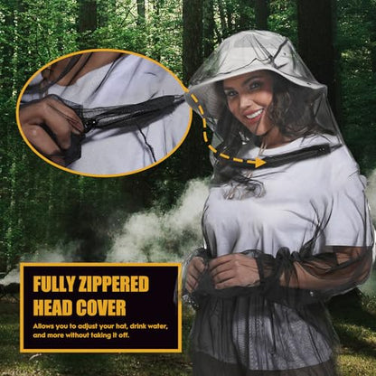 Premium Mosquito Suit-Jacket With Hood/Pants/Mitts/Gift Bag/Tape Measure-Full Body Protection Bugs Clothes - color: Black With Sun Hat, size: Large-X-Large