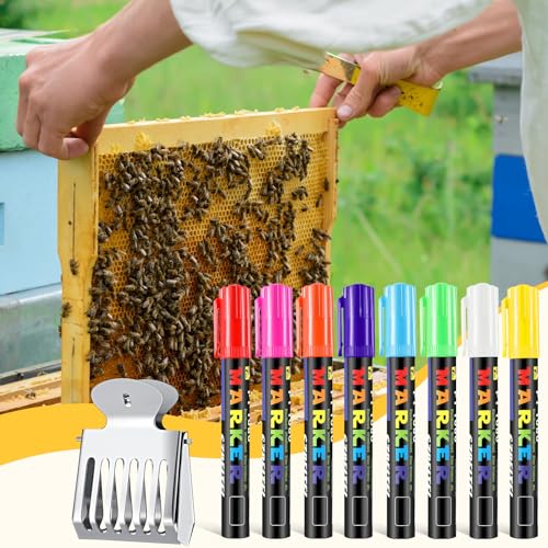 Qualirey 12 Pcs Queen bee Marker Kit 8 Queen Bee Marker Pens 4 Metal Catcher Clips Beekeeping Tools Supplies for Beekeeper One Handed Essential
