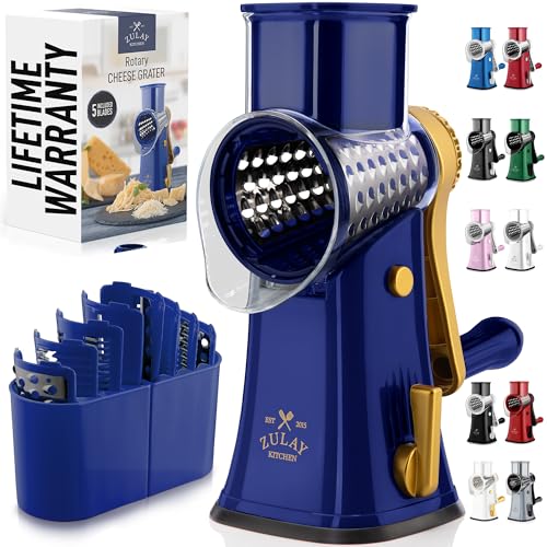 Zulay Kitchen Rotary Cheese Grater 5 Blade Cheese Shredder - Manual Hand Crank Cheese Grater With Reinforced Suction & 5 Interchangeable Drums - Easy to Use, Vegetable Chopper Round Mandoline Slicer - color: Blue and Gold