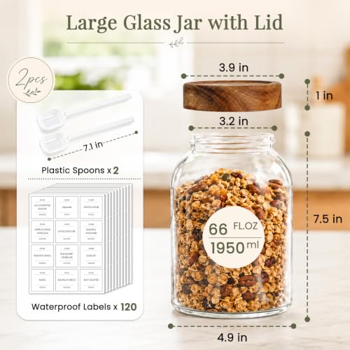 CONNOO 66 oz Set of 2 Large Glass Food Storage Jars Airtight Acacia Wood Lid Pantry Containers with 120 Labels Wide-Mouth Design for Easy Scooping for Flour, Sugar, Rice, Pasta, Coffee and Dry Foods - color: cylindrical/66oz/2pcs