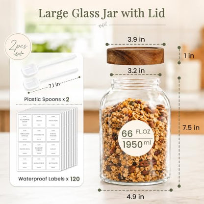 CONNOO 66 oz Set of 2 Large Glass Food Storage Jars Airtight Acacia Wood Lid Pantry Containers with 120 Labels Wide-Mouth Design for Easy Scooping for Flour, Sugar, Rice, Pasta, Coffee and Dry Foods - color: cylindrical/66oz/2pcs
